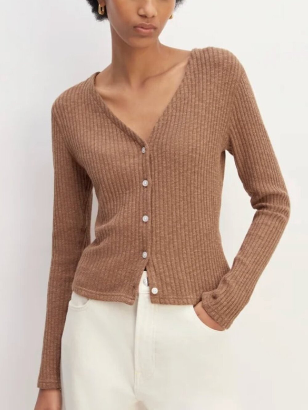 Everlane Ribbed Cardigan Women's Medium Organic Cotton Rust Tan Button Front